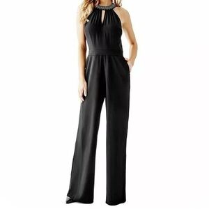 Guess Black embellished keyhole wide leg jumpsuit rhinestone collar‎ women's 2